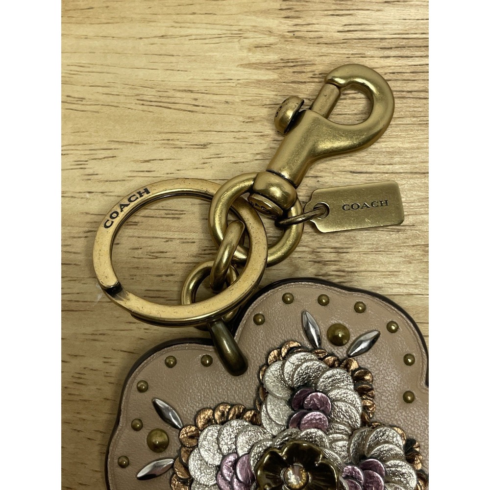 COACH Leather Sequin Appliqué Tea Rose Bag Charm in Beechwood and Gold - Picture 8 of 8